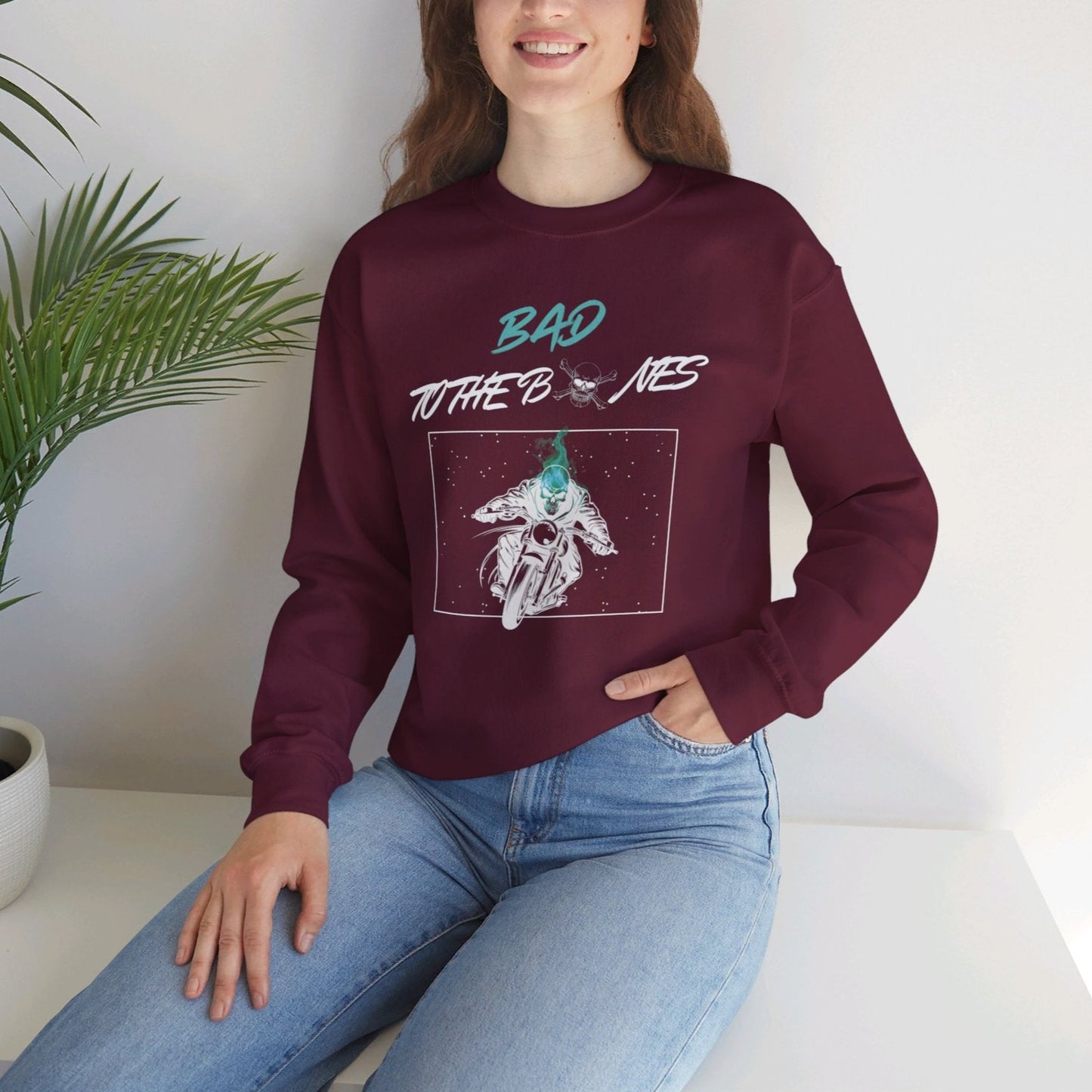 Bad To The Bones Unisex Sweatshirt - Halloween Cyan Fire Skeleton Crewneck