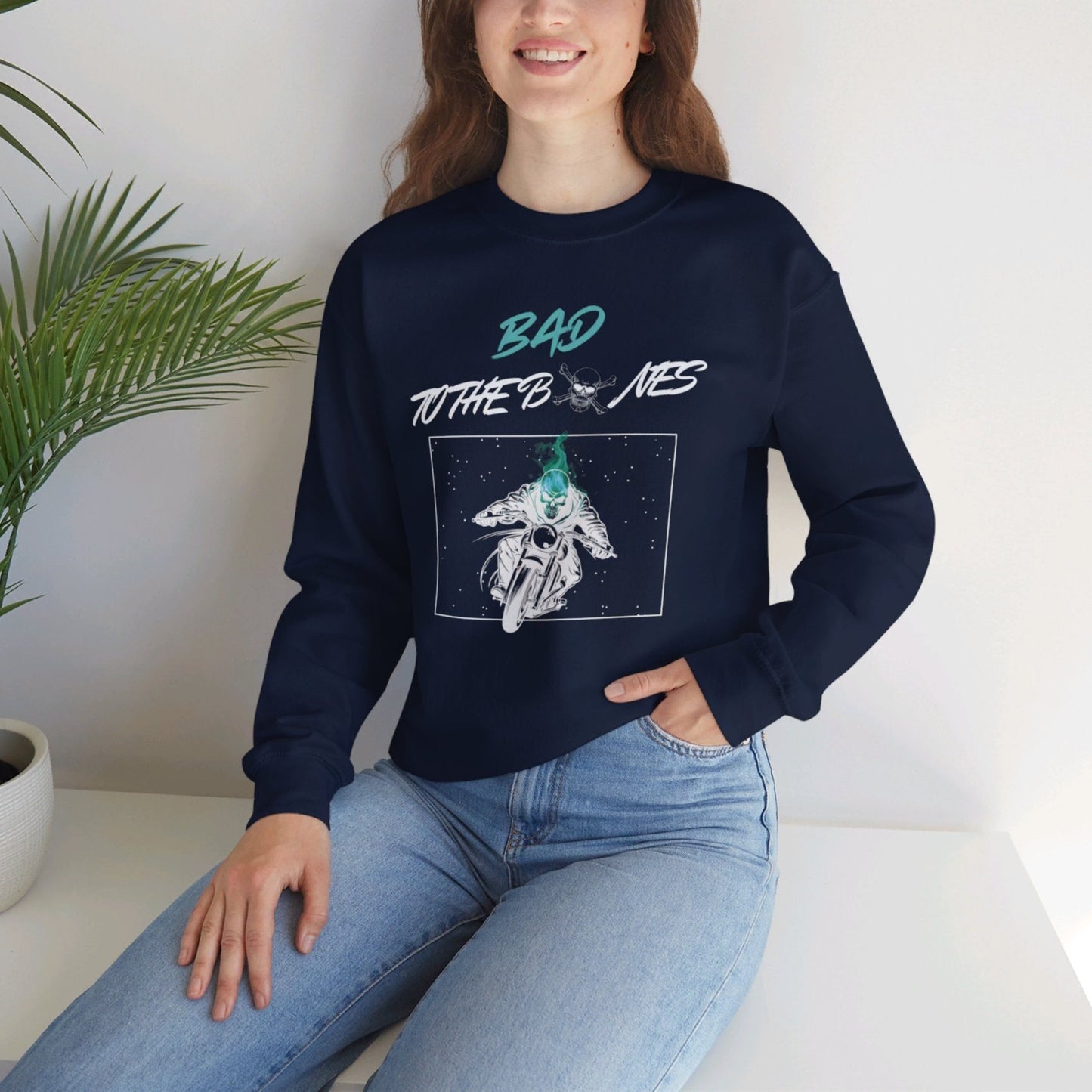 Bad To The Bones Unisex Sweatshirt - Halloween Cyan Fire Skeleton Crewneck
