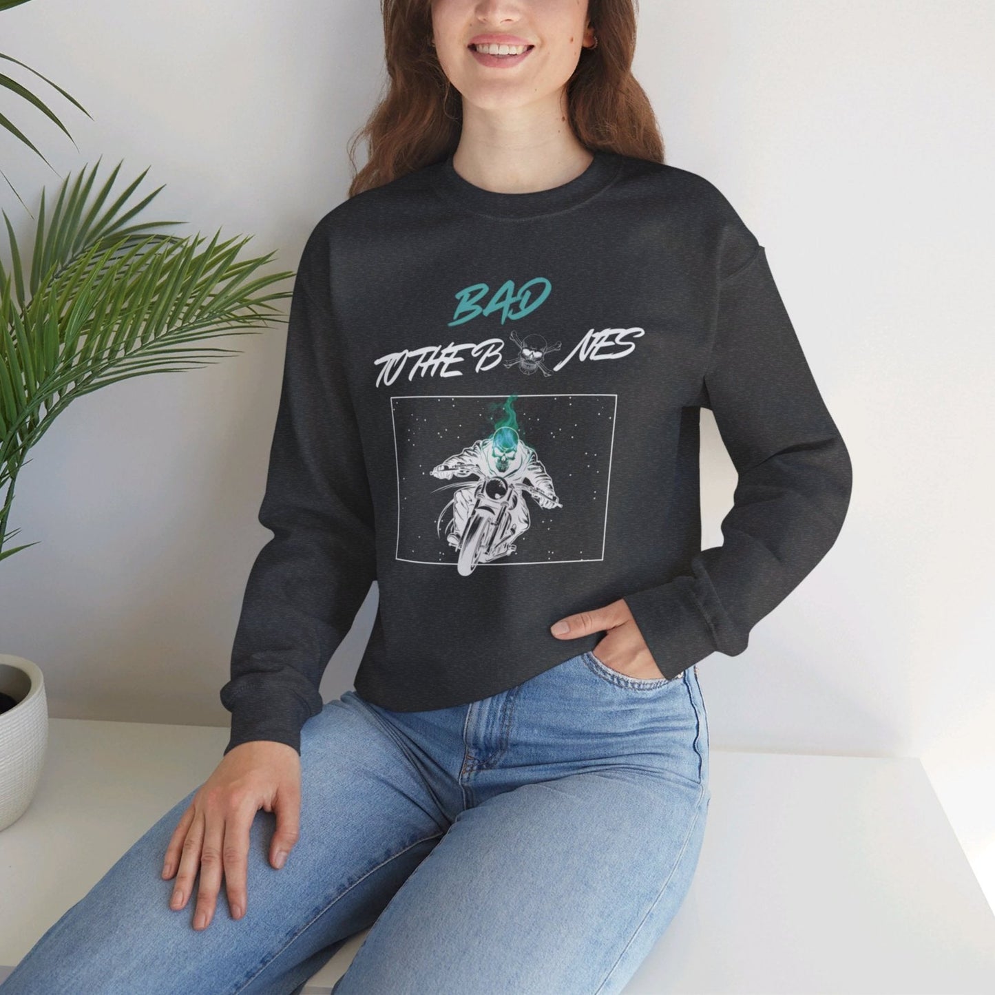 Bad To The Bones Unisex Sweatshirt - Halloween Cyan Fire Skeleton Crewneck
