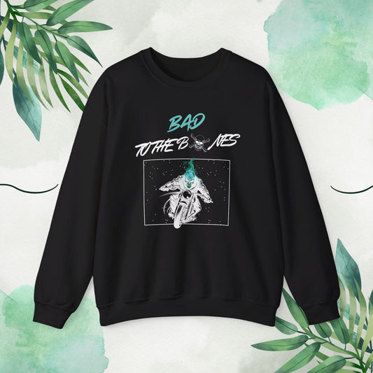 Bad To The Bones Unisex Sweatshirt - Halloween Cyan Fire Skeleton Crewneck