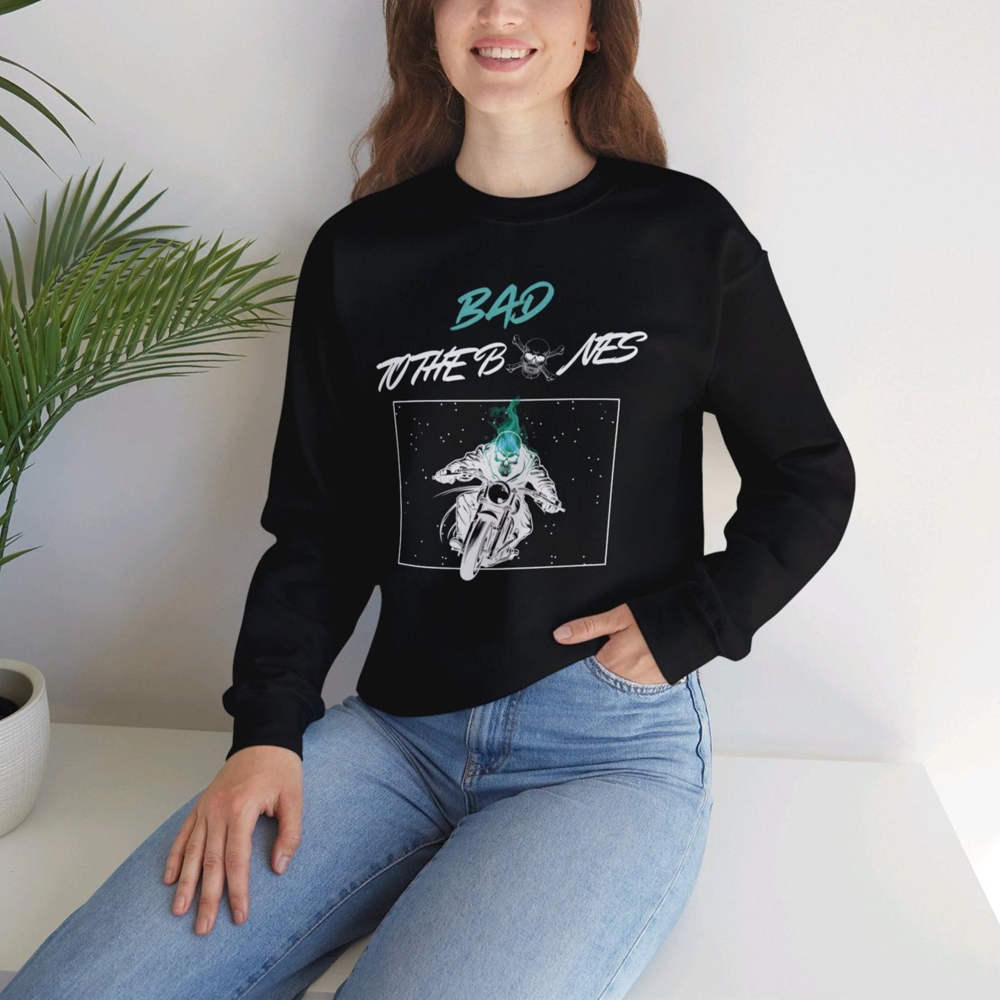Bad To The Bones Unisex Sweatshirt - Halloween Cyan Fire Skeleton Crewneck