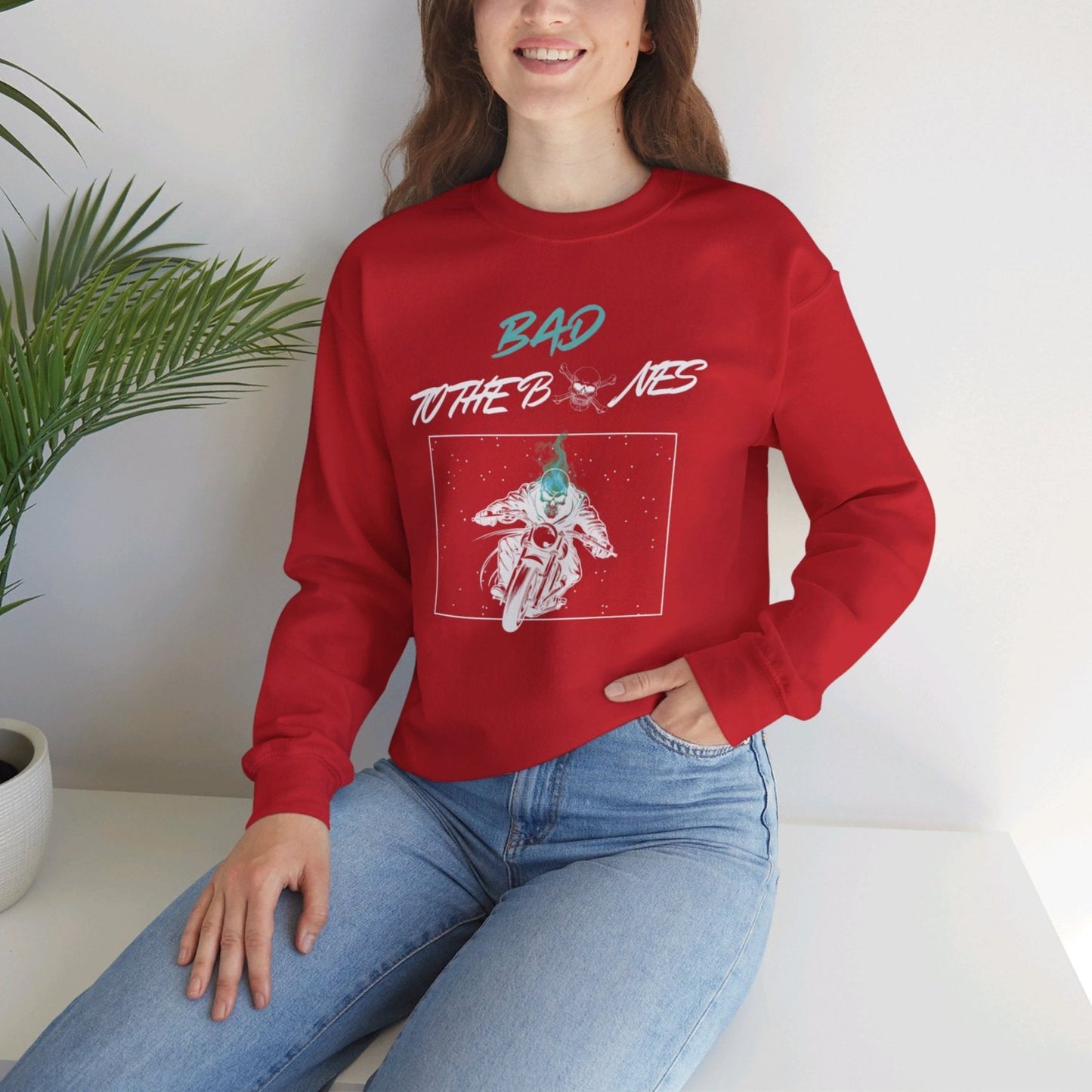 Bad To The Bones Unisex Sweatshirt - Halloween Cyan Fire Skeleton Crewneck